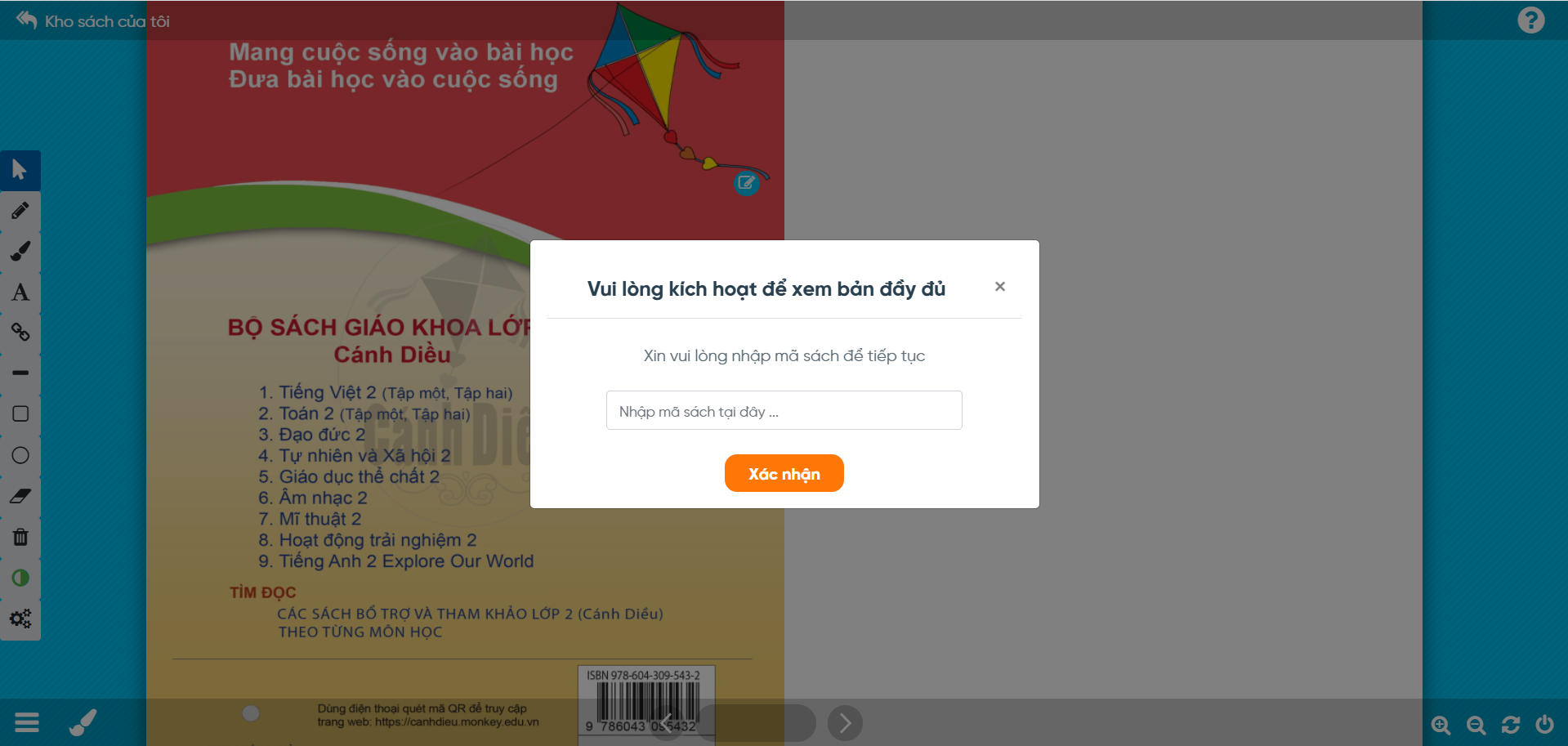 Cách 2: Kích hoạt trên sách (Đối với các sách chưa mở toàn bộ)